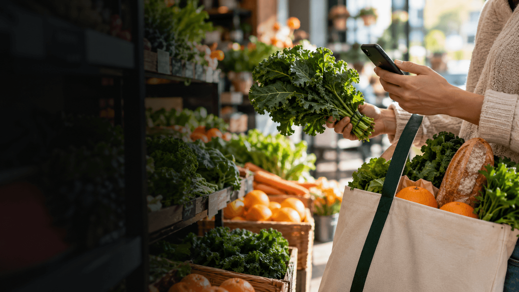 Shopper selecting fresh leafy greens in a grocery store while using a smartphone