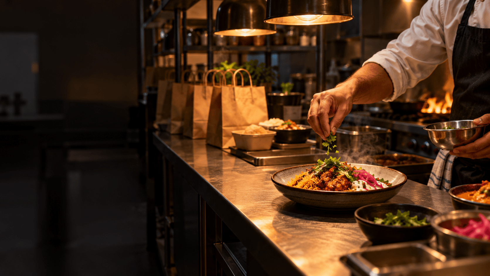 Chef finishing a plated meal under warm kitchen pass lights beside unbranded delivery bags